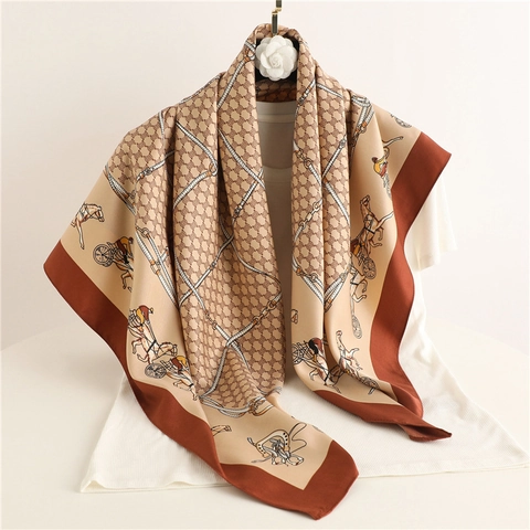 Écharpe Carrée Imprimé Carrosse Luxe Satin Polyester Style Équestre Rétro Élégant Châle Léger Foulard Tête