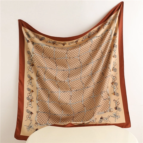 Écharpe Carrée Imprimé Carrosse Luxe Satin Polyester Style Équestre Rétro Élégant Châle Léger Foulard Tête