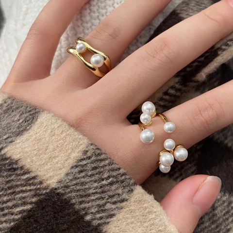 Minimalist Shell Artificial Pearl Open Ring Copper Adjustable Korean Style Elegant Finger Jewelry For Women