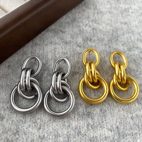 Geometric Multi Ring Drop Earrings Matte Copper Interlocking Linked Circle Minimalist Vintage Style For Women