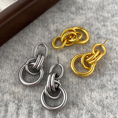 Geometric Multi Ring Drop Earrings Matte Copper Interlocking Linked Circle Minimalist Vintage Style For Women