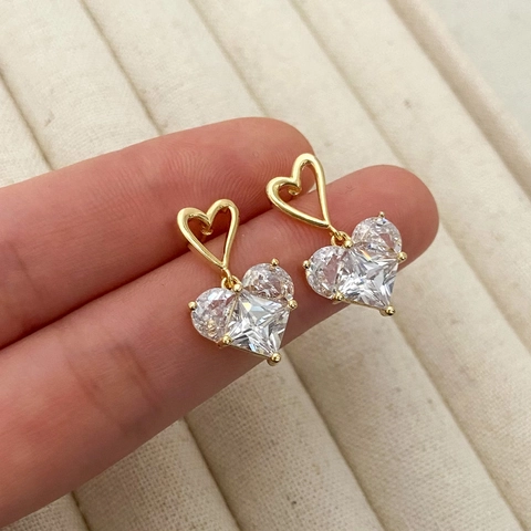 Boucles D Oreilles Pendantes Coeur Cuivre Plaqué Or Zircone Style Romantique Doux Bijoux Femmes
