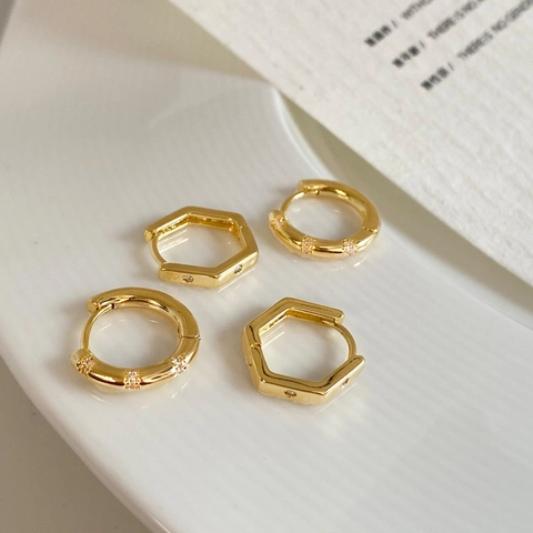 Geometrische Huggie Hoop Oorbellen Koper Verguld Micro Pave Zirkoon Rond Zeshoek Minimalistische Sieraden Vrouwen