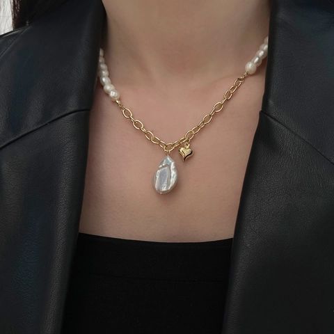 Collana Asimmetrica Perle Acqua Dolce Catena Rame Placcata Oro Ciondolo Cuore Perla Barocca Donne Elegante