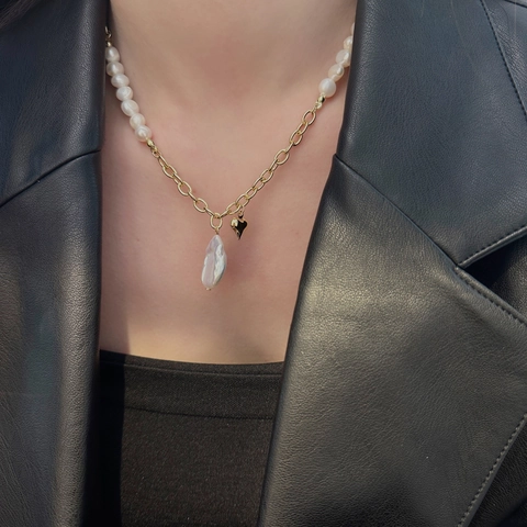 Collana Asimmetrica Perle Acqua Dolce Catena Rame Placcata Oro Ciondolo Cuore Perla Barocca Donne Elegante