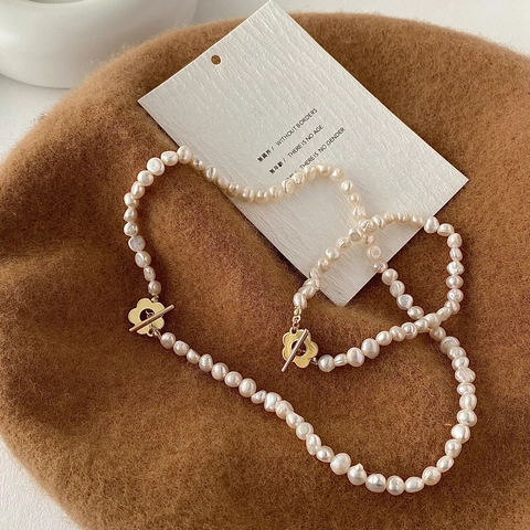Artificial Baroque Pearl Necklace Bracelet Gold Plated Copper Flower OT Buckle Retro Niche Jewelry For Women