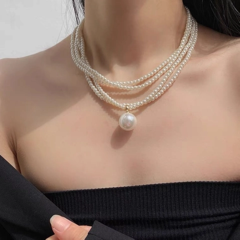 Mehrlagige Muschelperlen Halskette Elegant Kupfer Echtgold Plattiert Reisperlen Choker Runde Künstliche Perlenanhänger Damen Schlüsselbeinkette