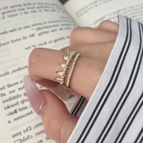 Crown Zircon Shell Artificial Pearl Open Ring Gold Plated Copper Adjustable Double Layer Design Elegant Jewelry For Women