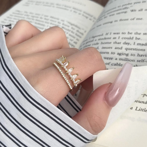 Crown Zircon Shell Artificial Pearl Open Ring Gold Plated Copper Adjustable Double Layer Design Elegant Jewelry For Women