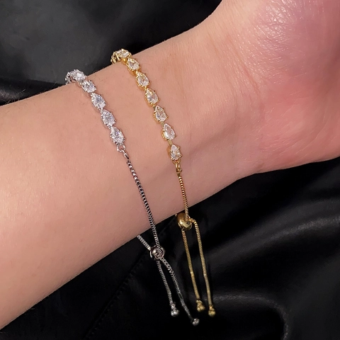 Elegant Copper Zircon Bracelet Adjustable Drawstring Box Chain Shiny Pear Cut Rhinestone Jewelry For Women