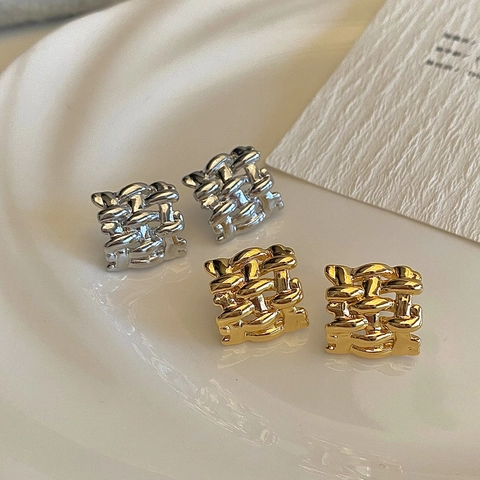 Geometric Square Woven Stud Earrings Minimalist Luxury Copper Gold Plated Vintage Jewelry For Women