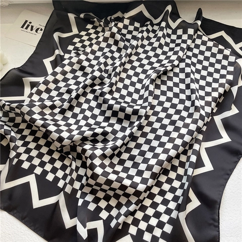 Elegant Checkerboard Print Square Scarf Faux Satin Satin Geometric Neck Wrap Fashion Office Neckerchief For Women