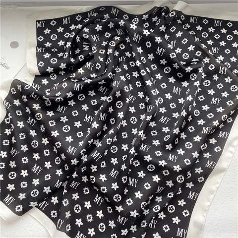 Écharpe Carrée Élégante Pour Femmes Satin Polyester Imitation Satin Imprimé Lettres Fleurs Foulard Mode Polyvalent