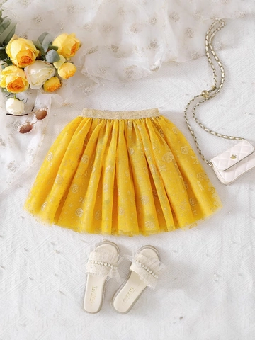 Gonna In Tulle Giallo Per Bambine Stampa Rosa Stella Glitter Oro Tutu Principessa Maglia Vita Elastica Estate Bambini