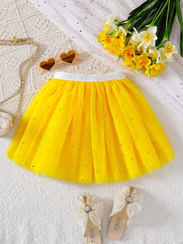Girls Yellow Mesh Tutu Skirt Golden Star Sequins Princess Layered Tulle Skirt Elastic Waist Party Dance Summer Kids Bottom