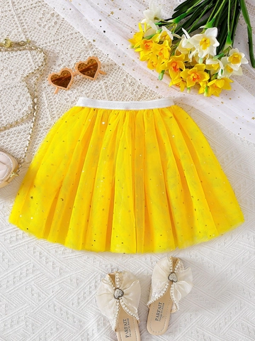 Girls Yellow Mesh Tutu Skirt Golden Star Sequins Princess Layered Tulle Skirt Elastic Waist Party Dance Summer Kids Bottom