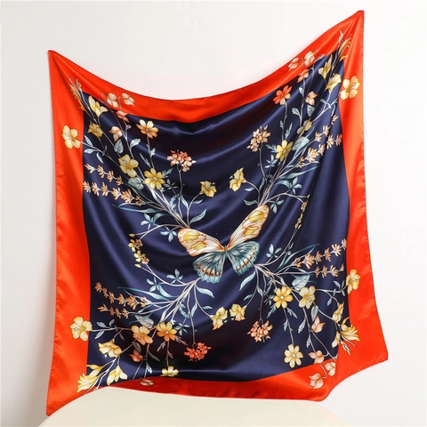 Large Butterfly Floral Print Square Scarf Satin Polyester Satin Feel Smooth Fashion Neck Kerchief For Women Elegant Wrap