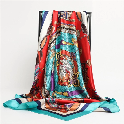 Elegant Printed Square Scarf Satin Polyester Smooth Lightweight Headwrap Shawl Retro Fashion Accessory For Women
