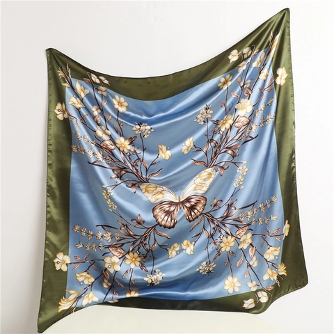Large Butterfly Floral Print Square Scarf Satin Polyester Satin Feel Smooth Fashion Neck Kerchief For Women Elegant Wrap