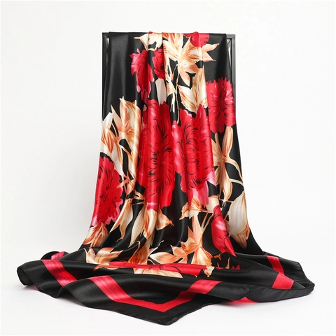 Elegant Floral Print Square Scarf Satin Polyester Satin Like Large Shawl For Women Retro Style Fashion Accessories