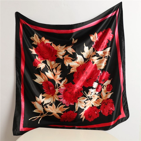 Elegant Floral Print Square Scarf Satin Polyester Satin Like Large Shawl For Women Retro Style Fashion Accessories