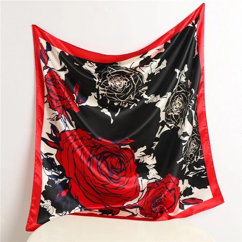 Elegant Rose Floral Print Square Scarf Satin Polyester Satin Feeling Lightweight Sunscreen Shawl Wrap For Women Vintage