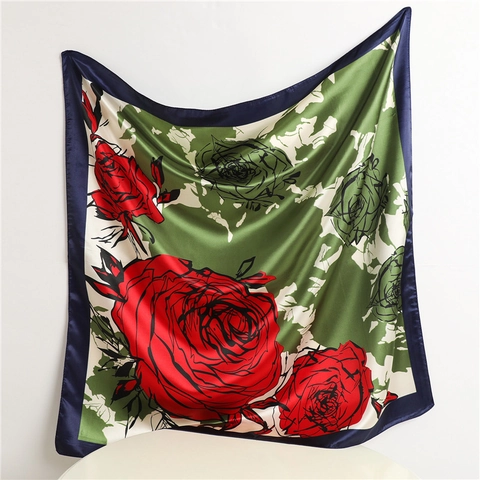 Elegant Rose Floral Print Square Scarf Satin Polyester Satin Feeling Lightweight Sunscreen Shawl Wrap For Women Vintage