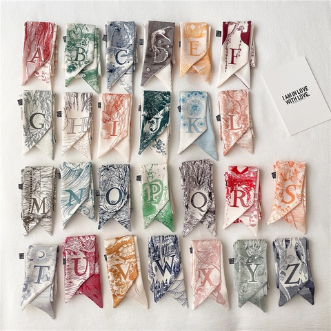 Sciarpa Stretta Twilly Poliestere Imitazione Raso Retro Alfabeto Lettera Stampa Capelli Borsa Fascia Cravatta Per Donne Stile Francese
