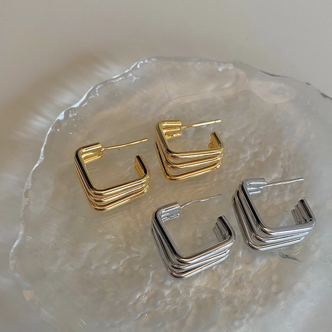 Minimalist Geometric Square Stud Earrings With 925 Sterling Silver Earring Post Triple Layer Hollow Metal Jewelry Women