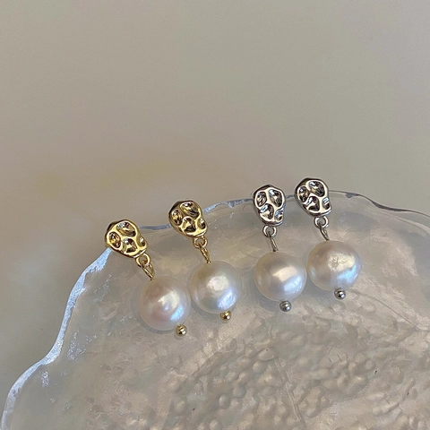 Pendientes Colgantes De Cobre Martillado Irregular Con Perla De Agua Dulce Joyería De Nicho Vintage Para Mujer