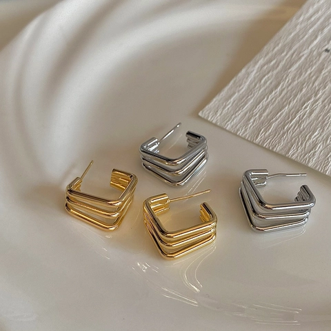 Minimalist Geometric Square Stud Earrings With 925 Sterling Silver Earring Post Triple Layer Hollow Metal Jewelry Women