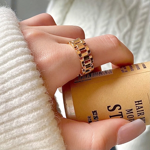 Anillo Correa De Reloj Cobre Ajustable Cadena Eslabones Joyería Estilo Industrial Minimalista Moda Para Mujeres