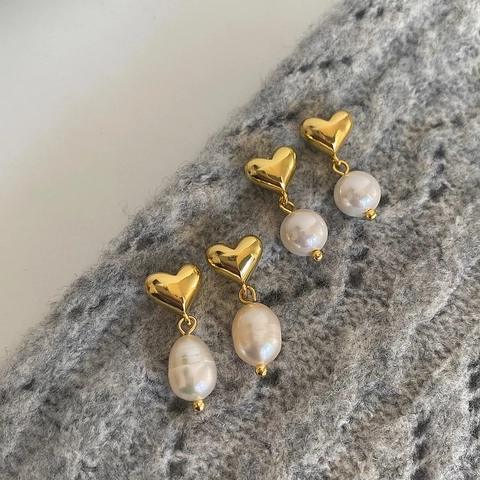 Orecchini Pendenti A Cuore In Rame Placcato Oro Con Perla de Agua Dulce D'acqua Dolce Stile Retrò Francese Elegante Per Donna