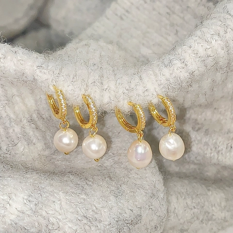 Orecchini A Cerchio Con Perla de Agua Dulce E Zirconi Retrò Francese Gioielli Donna Con Perno In Argento Sterling 925