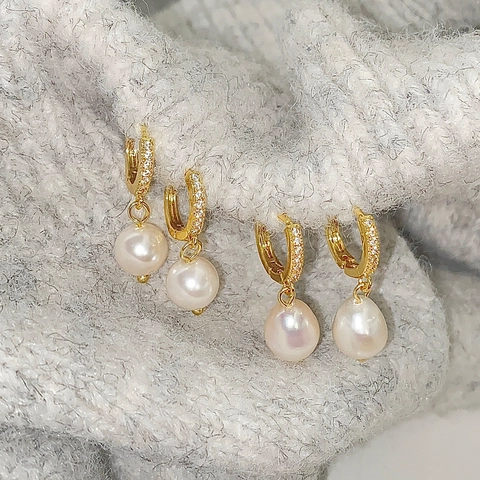 Orecchini A Cerchio Con Perla de Agua Dulce E Zirconi Retrò Francese Gioielli Donna Con Perno In Argento Sterling 925