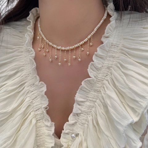 Barock Natur Süßwasserperlen Halskette Französisch Vintage Vergoldet Kupfer Quaste Fransen Muschel Schmuck Für Frauen
