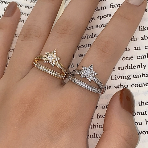 Doppelschicht Stern Ring Hohl Zirkonia Kupfer Gold Silber Plattiert Verstellbar Offen Fingerschmuck Für Damen