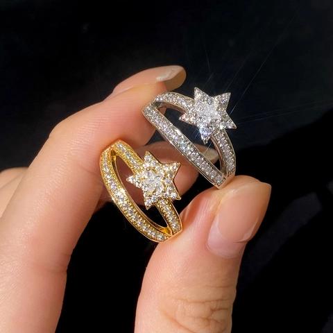 Doppelschicht Stern Ring Hohl Zirkonia Kupfer Gold Silber Plattiert Verstellbar Offen Fingerschmuck Für Damen
