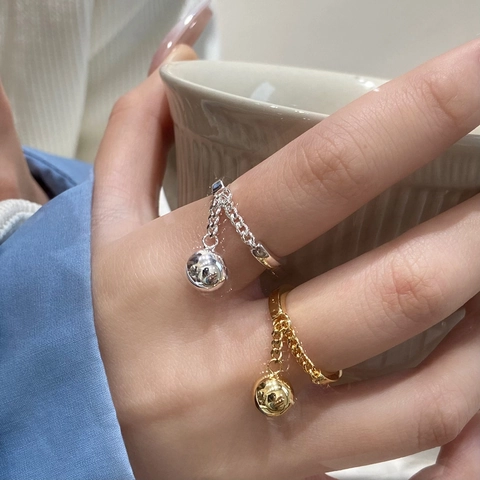 Minimalist Gold Plated Copper Ring With Dangling Polished Bead Pendant And Thin Chain Adjustable Open Band For Women