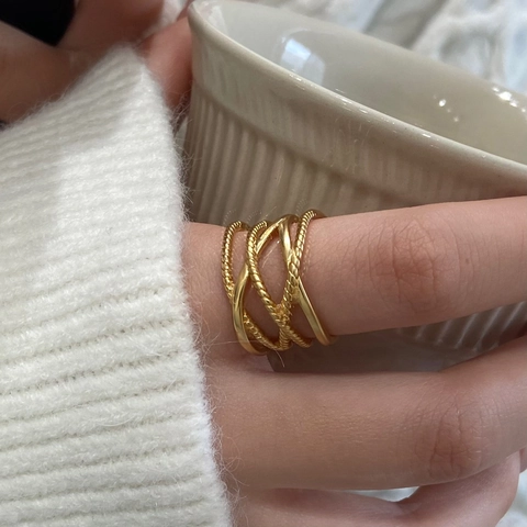 Multi Layer Cross Ring Copper Gold Plated Twisted Texture Adjustable Open End Band Retro Minimalist Jewelry Women