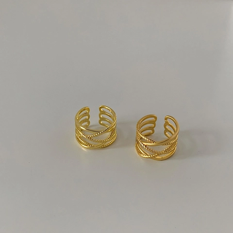 Multi Layer Cross Ring Copper Gold Plated Twisted Texture Adjustable Open End Band Retro Minimalist Jewelry Women