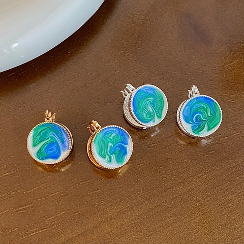 Vintage Enamel Round Stud Earrings For Women French Style Marble Texture Copper Gold Silver Plated Jewelry Retro