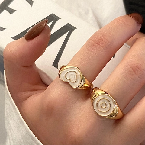 Vintage Heart Enamel Ring Copper Gold Plated Adjustable INS Style Round Geometric Finger Jewelry For Women