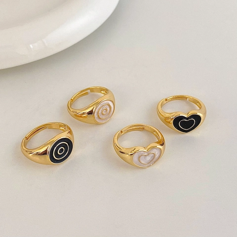 Vintage Heart Enamel Ring Copper Gold Plated Adjustable INS Style Round Geometric Finger Jewelry For Women