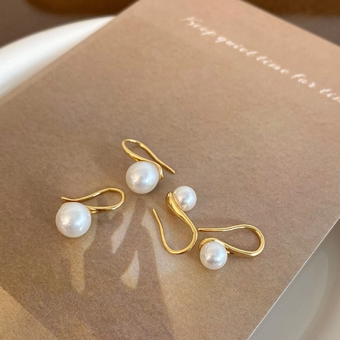 Artificial Pearl Hook Earrings Gold Plated Copper Minimalist High Heel Design Elegant Dangle Ear Jewelry For Women Girls