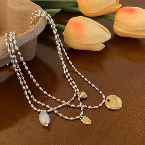 Franse Vintage Hart Hanger Ketting Voor Dames Koperen Bonenketting Met Zoetwaterparel Elegante Ronde Schijf Sieraden Chic