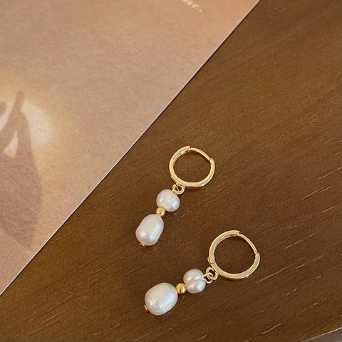 Pendientes De Perlas Naturales De Agua Dulce Barrocas Irregulares Doble Perla Retro Francés Cobre Chapado En Oro Mujer