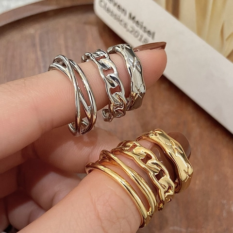 Geometric Rings Copper Triple Layer Cross Cuban Chain Star Engraved Vintage Trendy Fashion Jewelry For Women