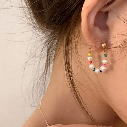 Süßwasserperlen Bunte Perlen Creolen Mit 925 Sterling Silber Ohrstecker Für Damen Koreanischer Stil