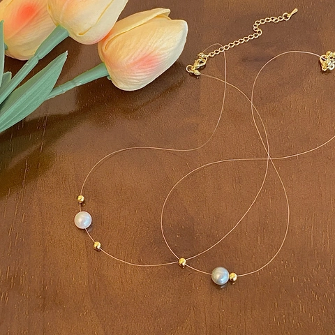 Collar De Perlas Artificiales Flotantes Minimalista Con Hilo De Pescar Invisible Cuentas De Cobre Chapadas En Oro Joyería Elegante Mujer